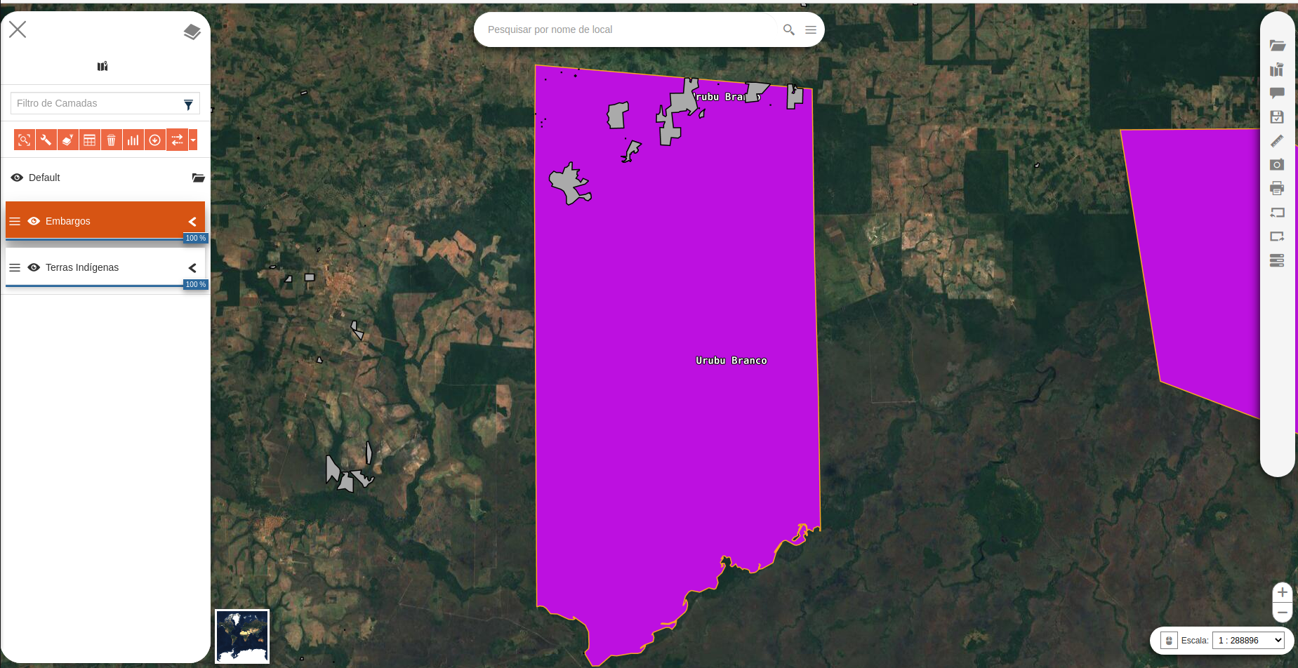 Detalhe do cruzamento das bases de dados de terras indígenas e embargos do Ibama. Os pontos que aparecem no mapa representam os embargos